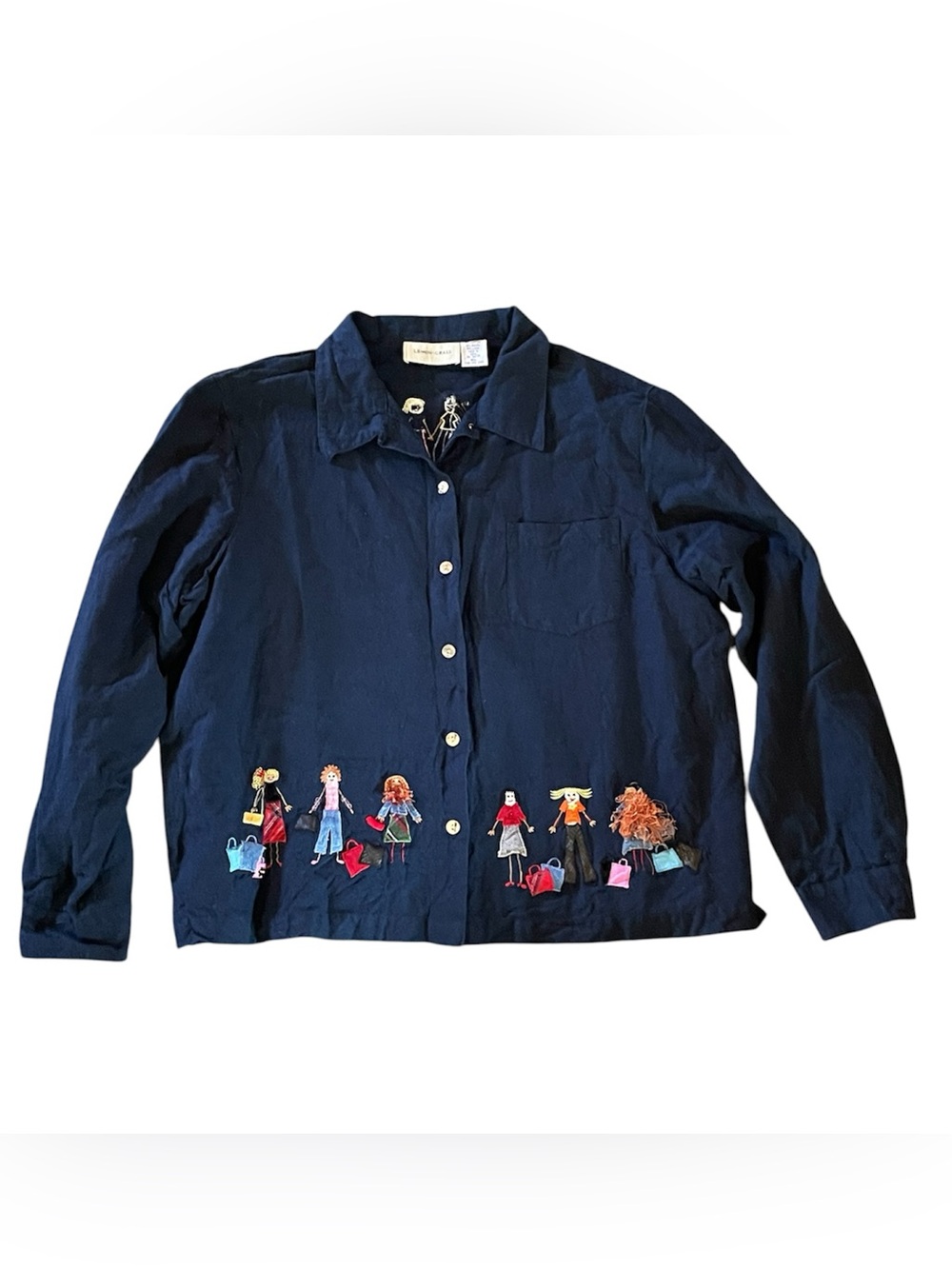 Women’s XL Lemon Grass “Shop Til You Drop” Blue Shirt Embroidered Button Down